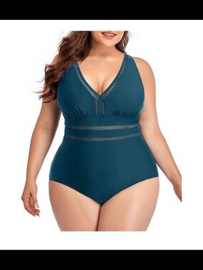 Teal V-Neck Lace Inset One-Piece Swimsuit - Women Swim
